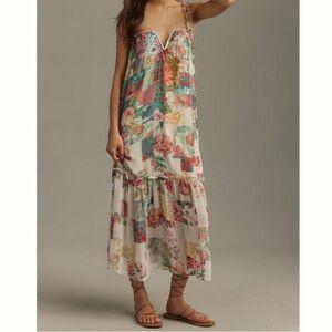 Anthropologie Floral Cream Midi Dress with Pink, Green & Blue Accents